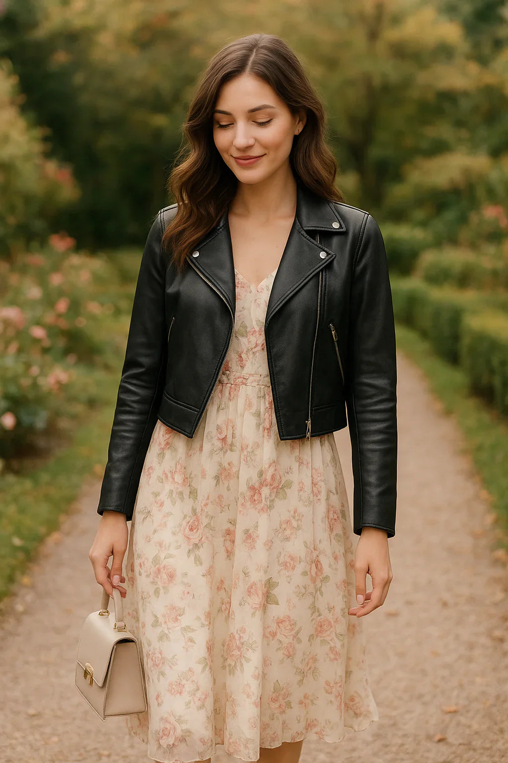 Woman wearing a cropped leather jacket over a flowy floral dress, styled with soft accessories for a romantic fashion look.