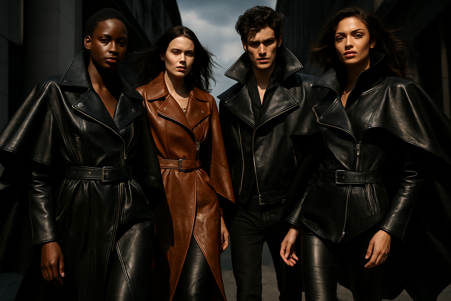 A caped leather jacket draped over shoulders, blending bold drama with classic leather style.