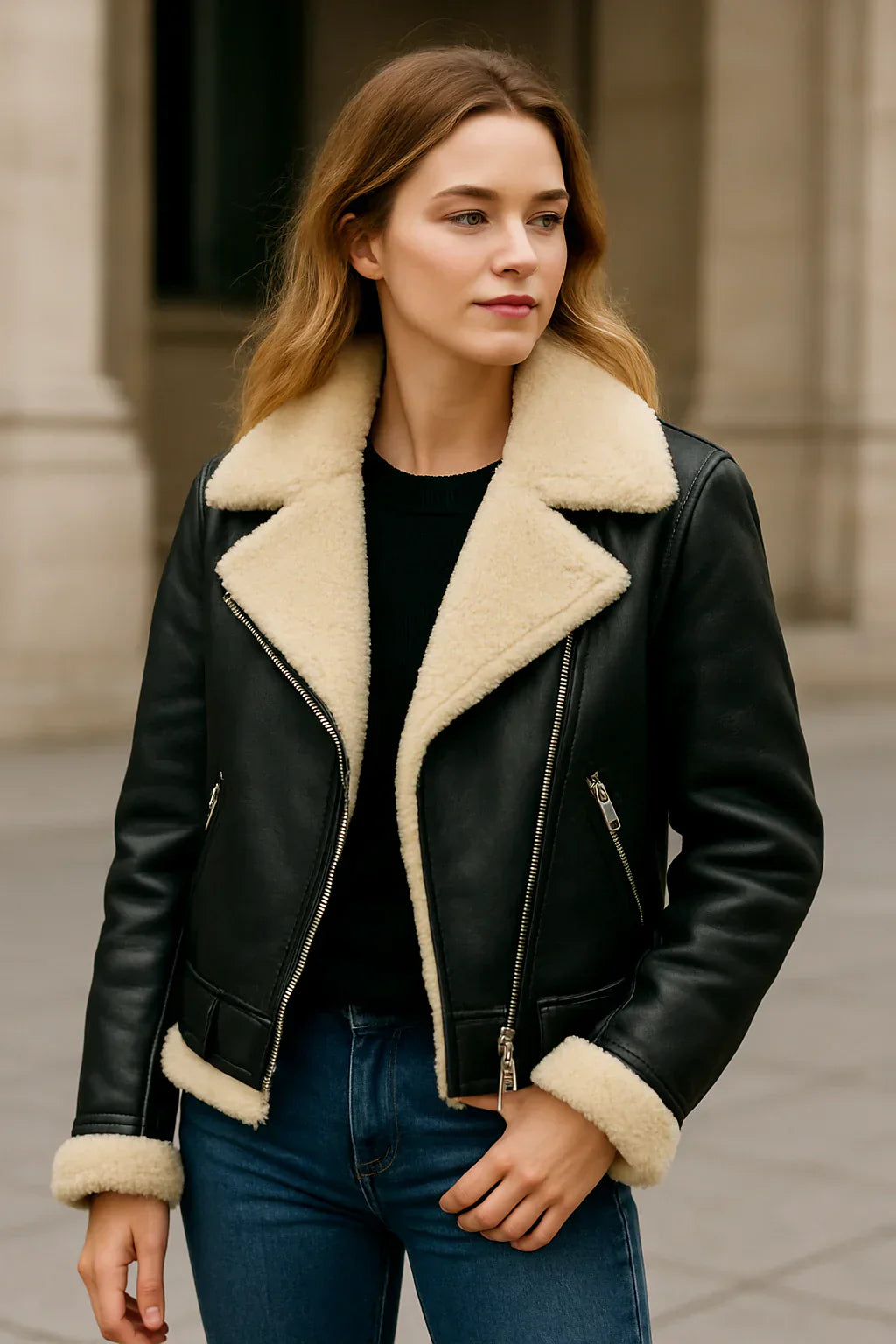 Woman wearing a brown leather shearling-lined jacket styled with jeans and boots, showcasing cozy winter fashion.