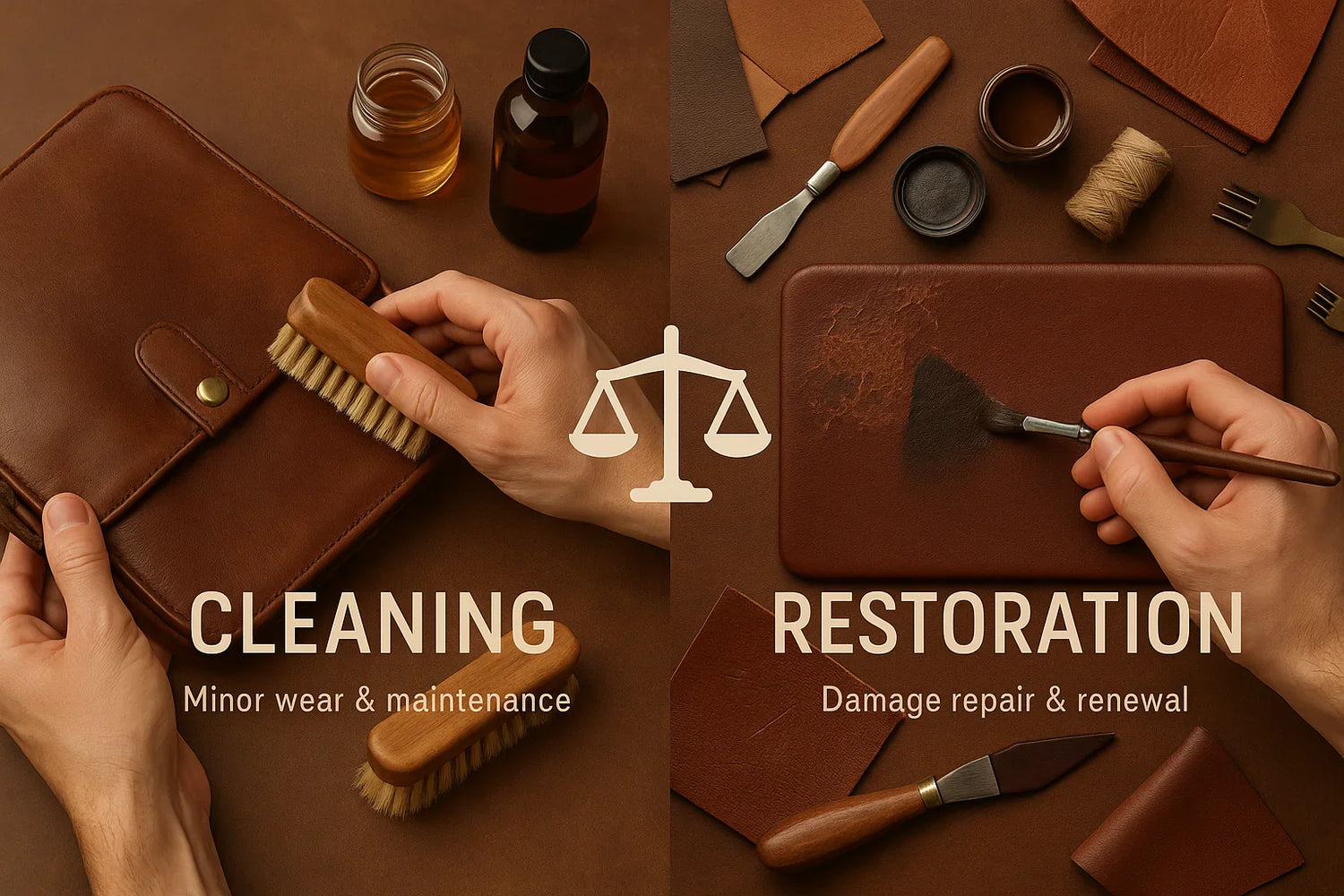 Leather care professional comparing cleaning vs. restoration services for a leather jacket on a workbench.
