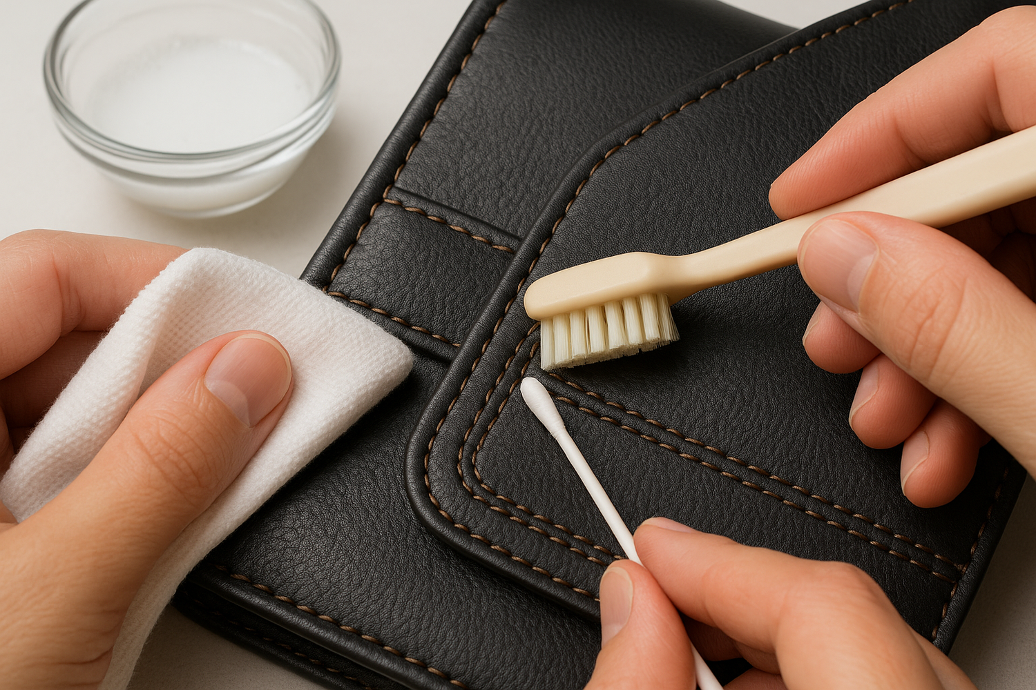 Close-up of a person using a soft-bristled brush to clean the stitching and seams of a leather jacket .