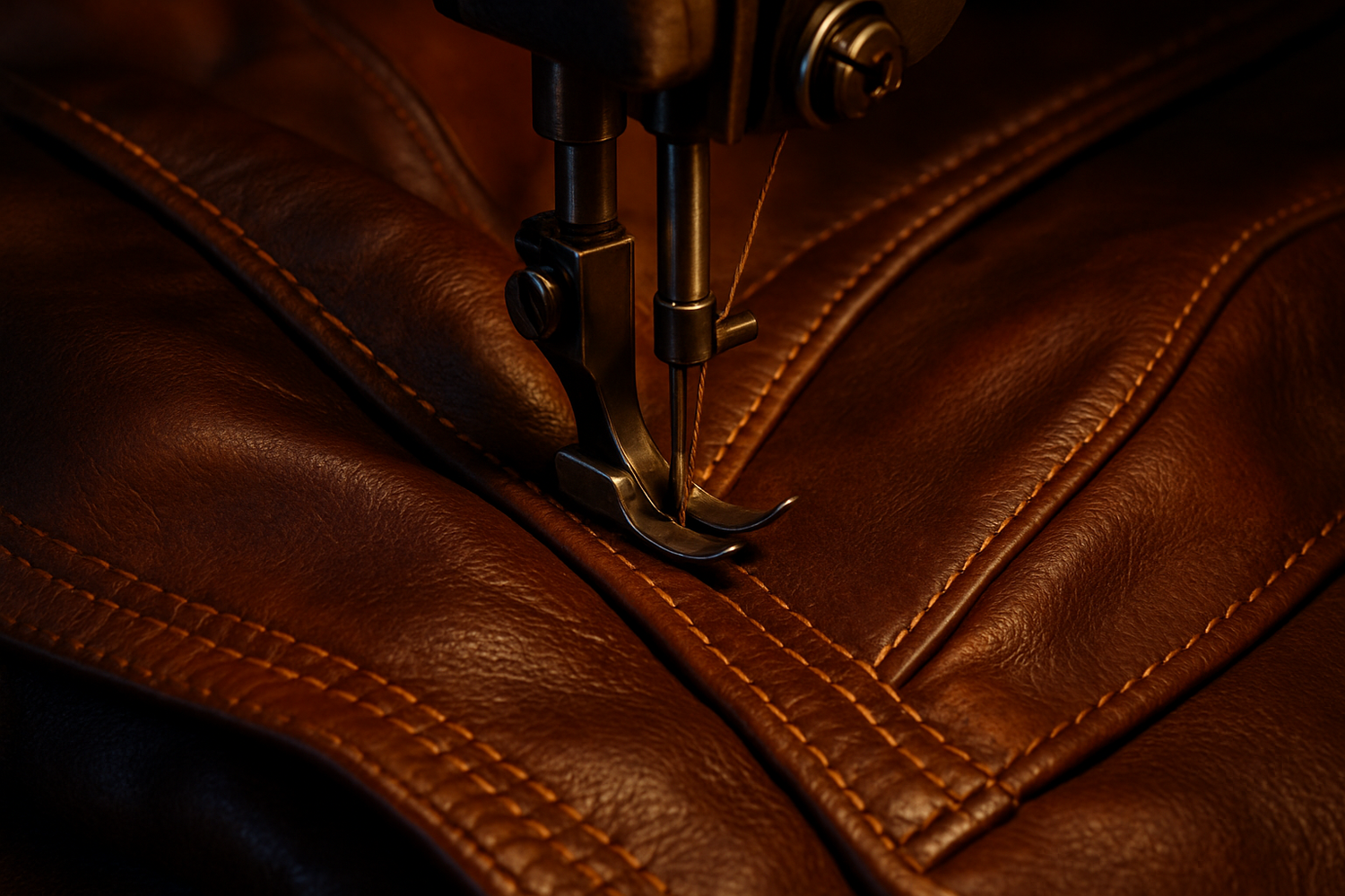 Close-up of a sewing machine stitching leather fabric for a jacket project.