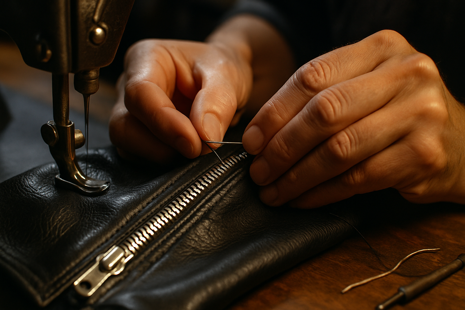 Close-up of a tailor sewing a metal zipper onto a black leather jacket.