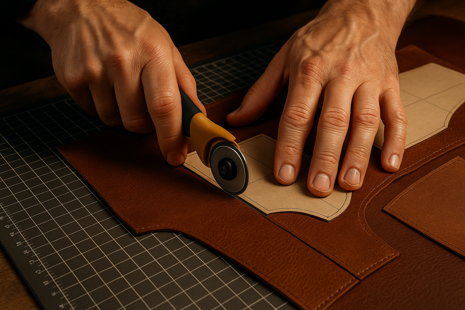 Close-up of hands cutting leather on a cutting mat with a rotary cutter and pattern outlines