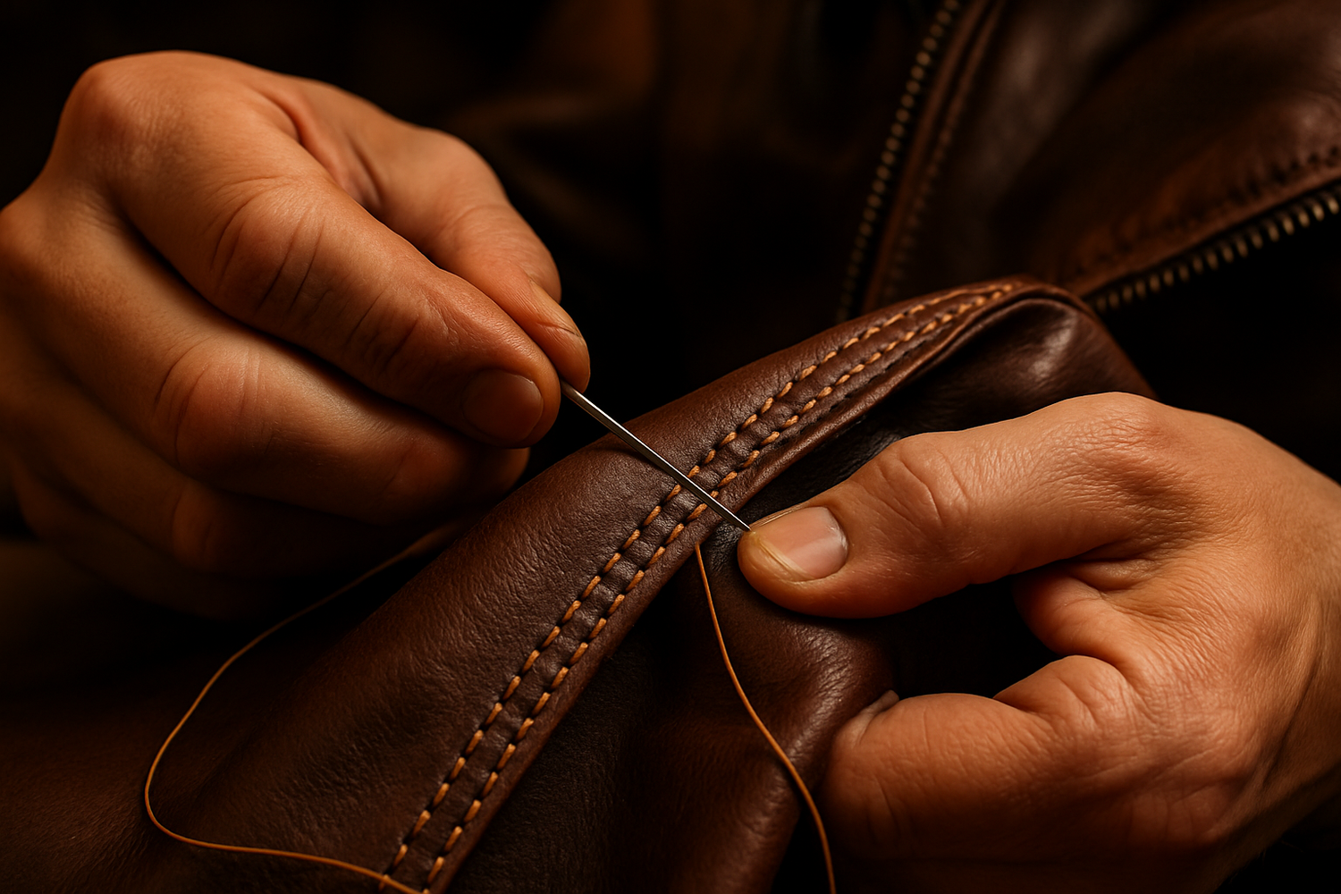 Close-up of hands hand-stitching a leather jacket with waxed thread and needle.