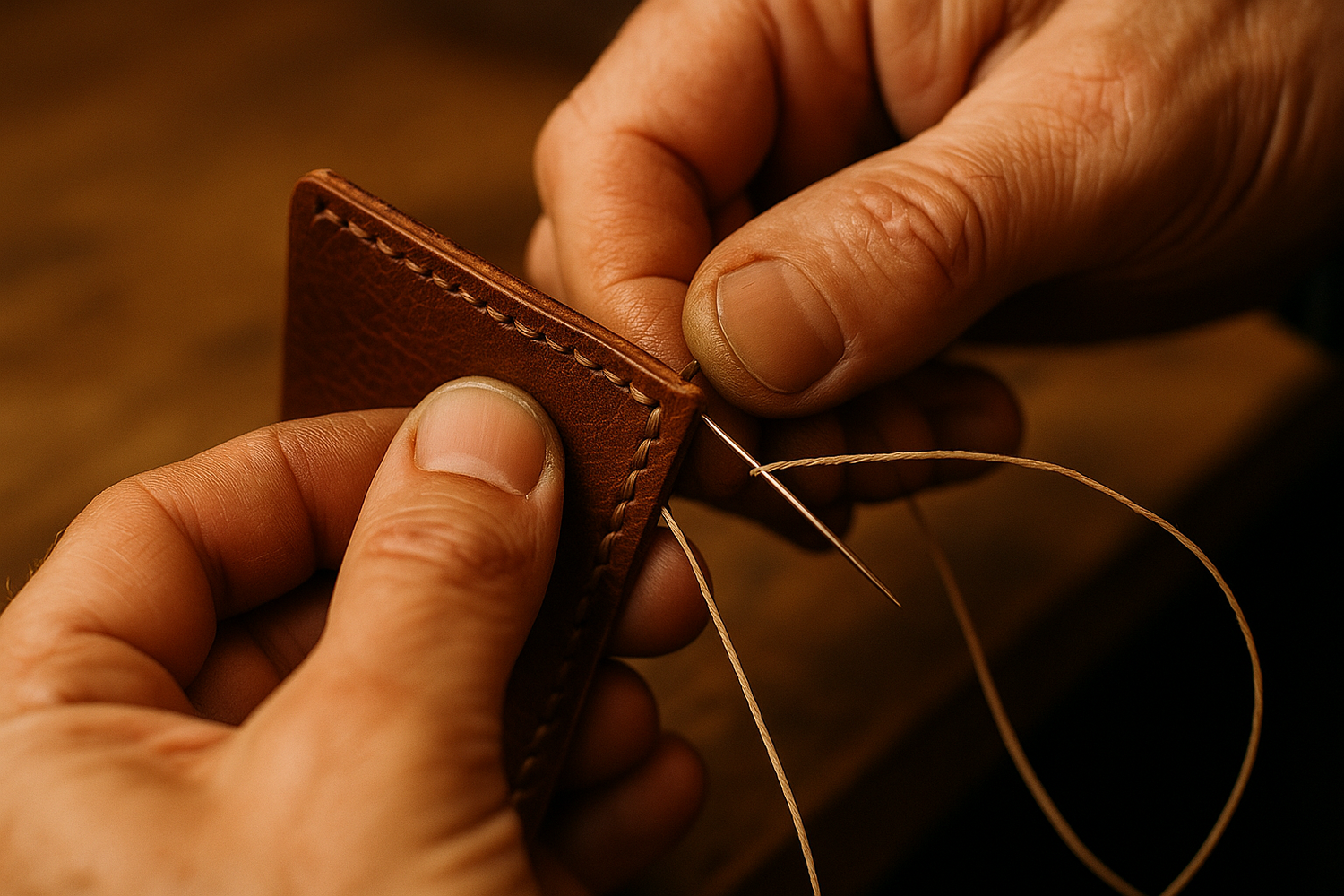 Close-up of hands hand-stitching leather with needles and waxed thread
