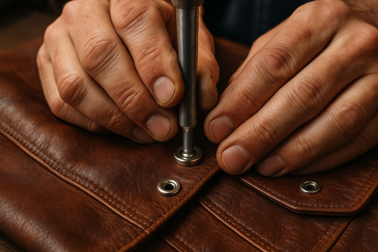 Close-up of hands installing a metal snap onto a brown leather jacket using a snap-setting tool
