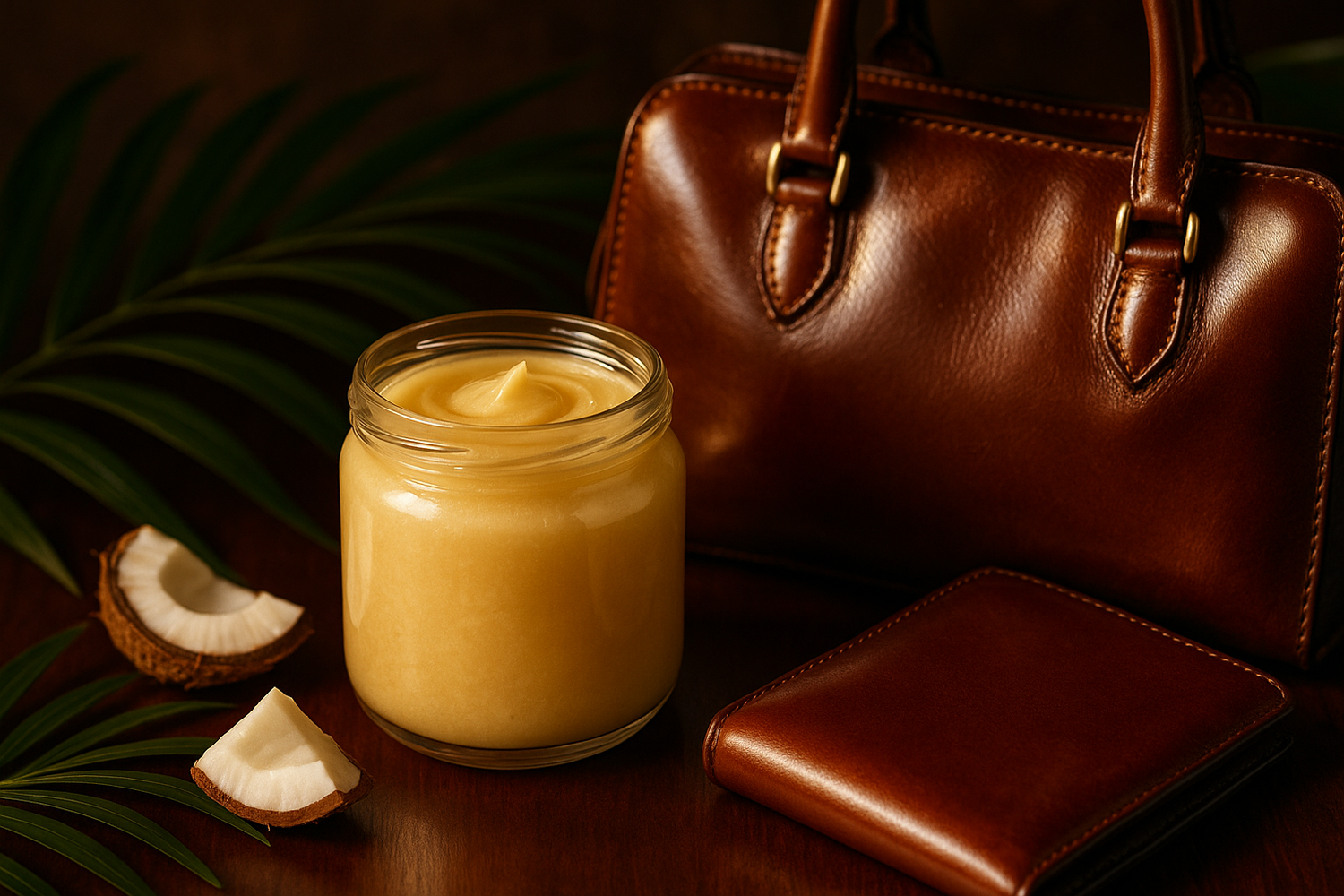 Hand applying coconut oil with a soft cloth to a black leather jacket for shine restoration.