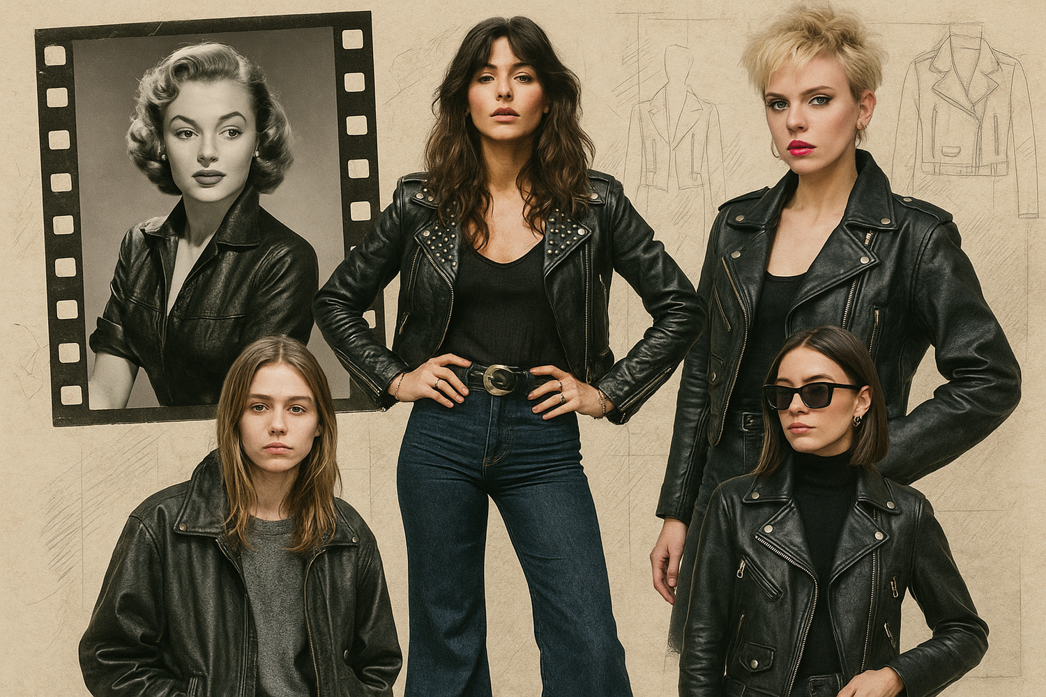 Collage of women from different eras wearing leather jackets, from vintage Hollywood to modern street style