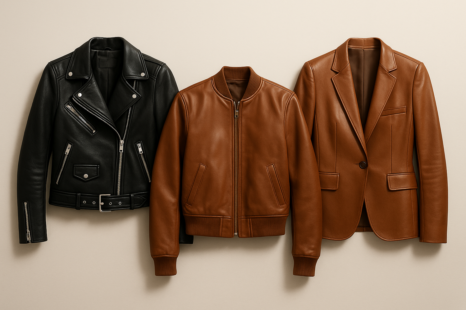 Collection of timeless women’s leather jacket designs including biker, bomber, and blazer styles