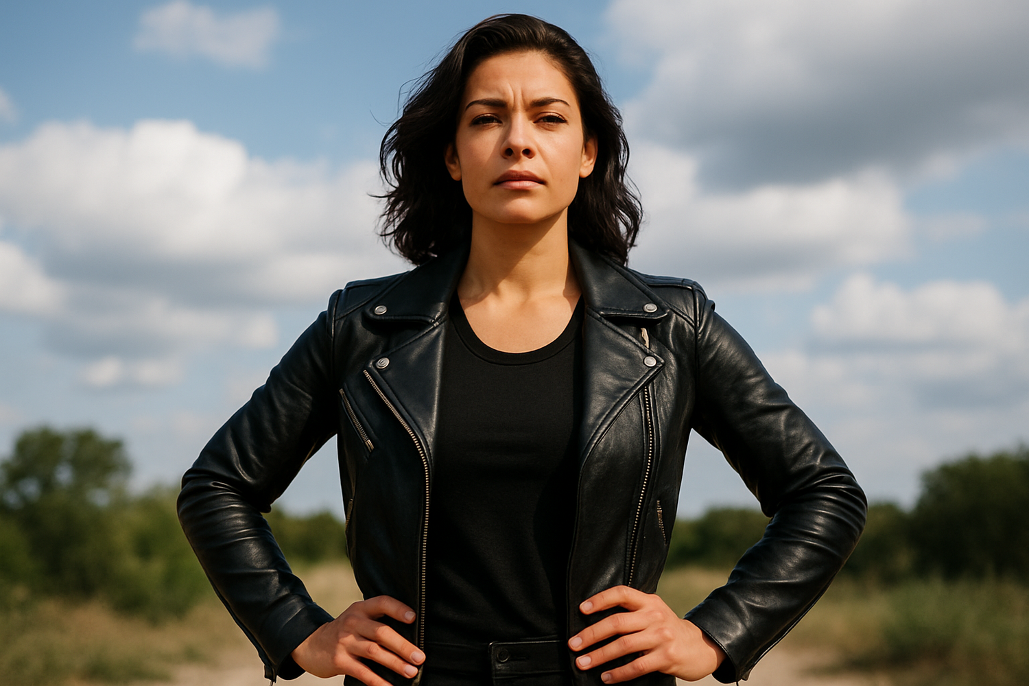 Confident woman in a black leather jacket standing powerfully outdoor