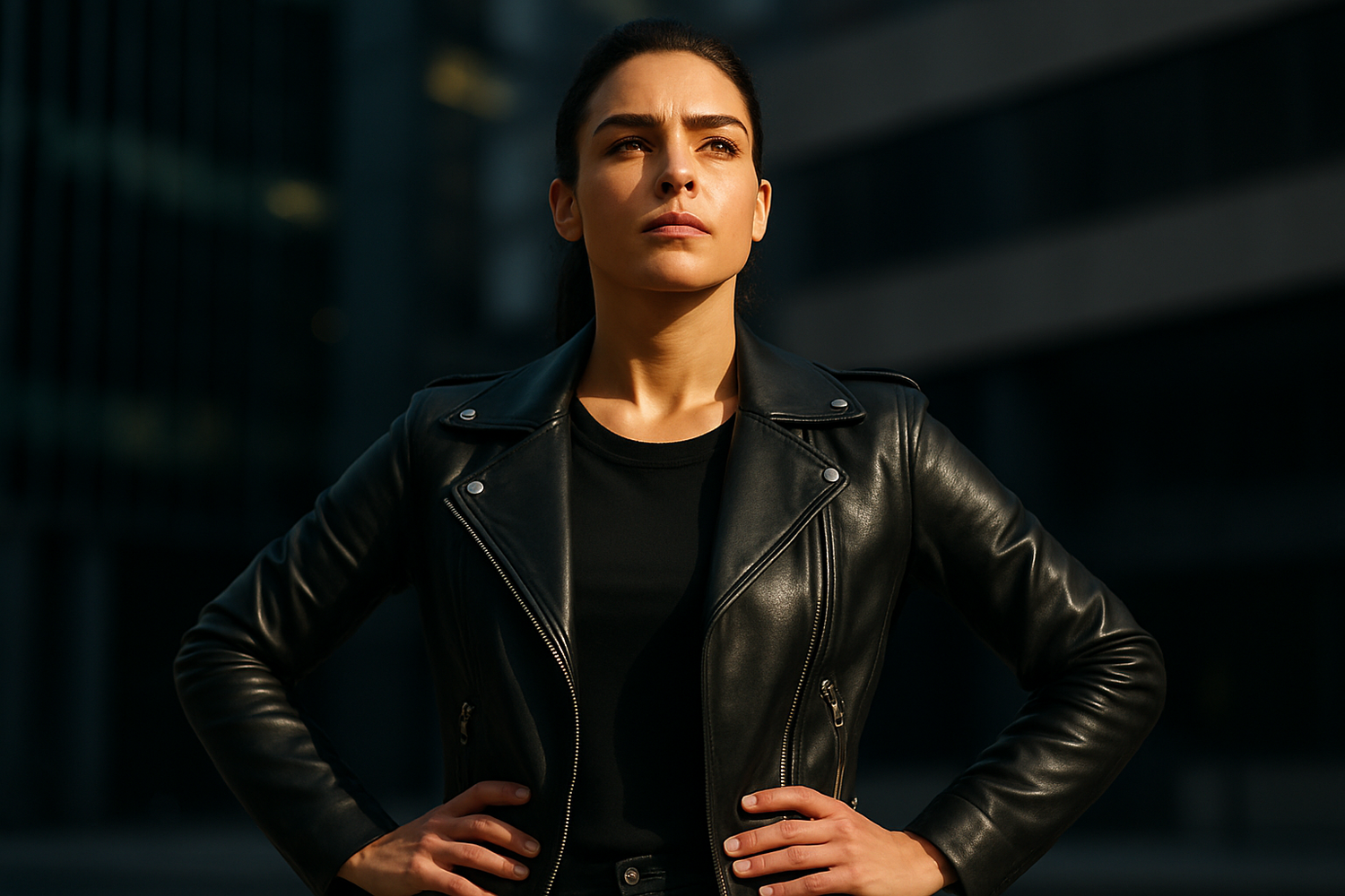 Confident woman in a leather jacket used in an empowerment campaign