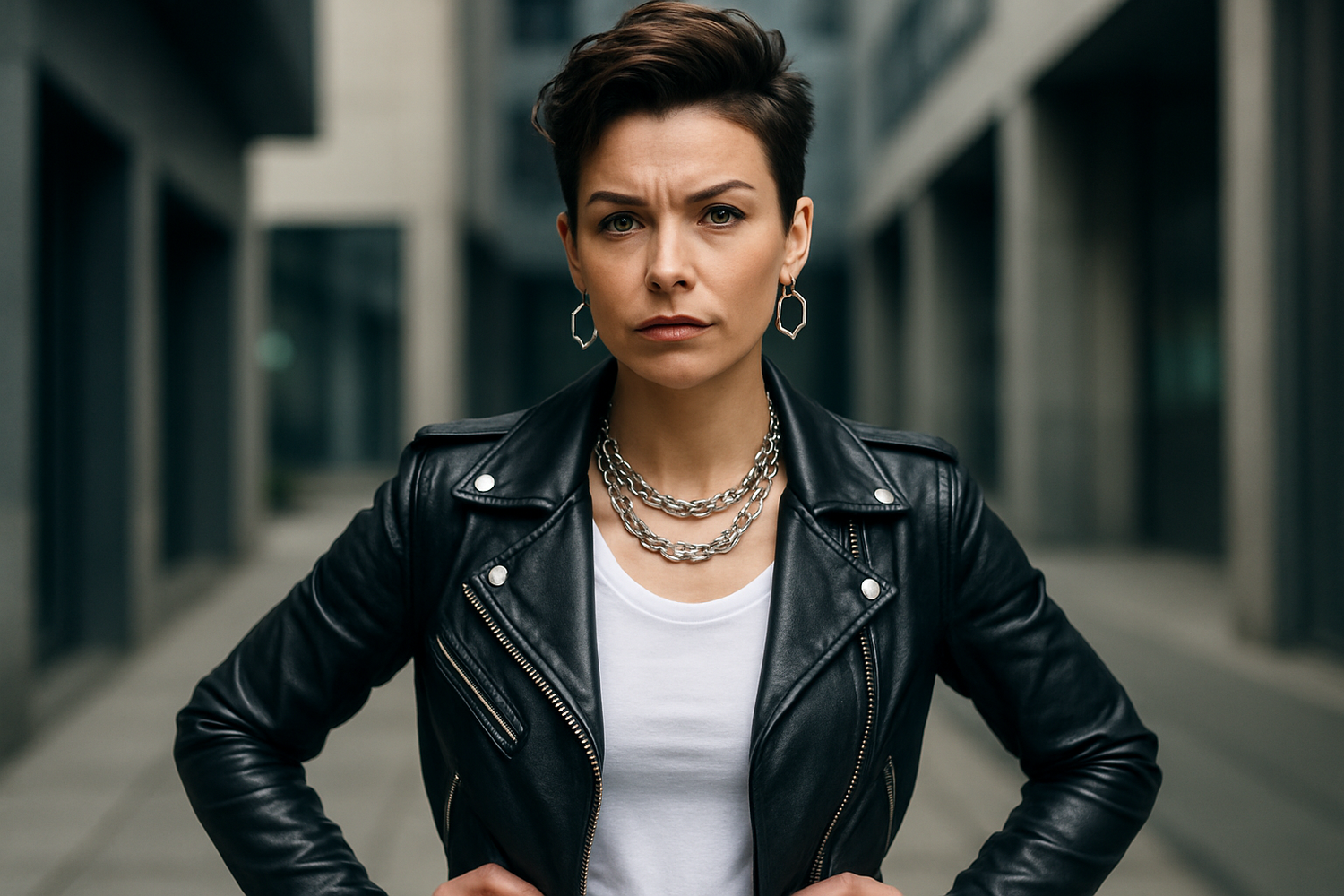 Confident woman wearing a leather jacket as a feminist fashion statement, styled with bold accessories