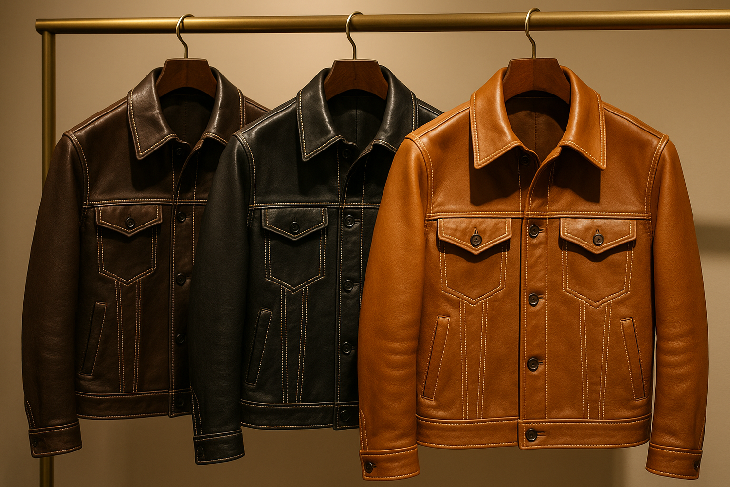 A black leather jacket with bold white contrast stitching, showcasing detailed seams and stylish craftsmanship.