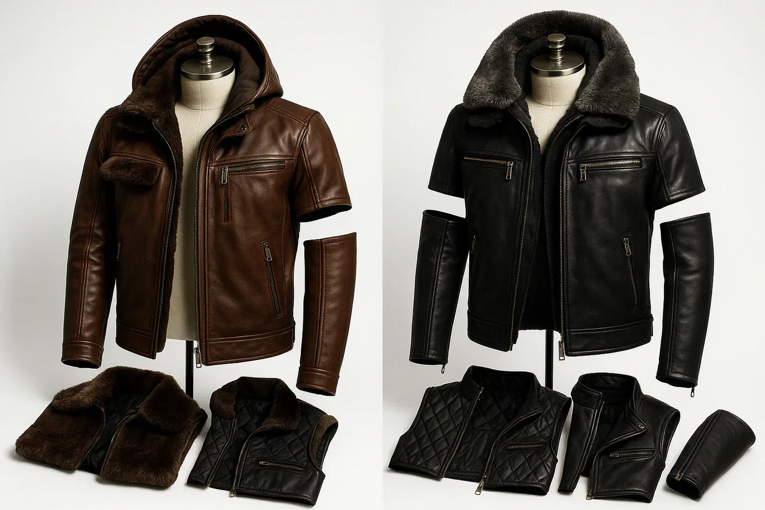 A convertible leather jacket displayed with detachable sleeves and a removable hood, showing its versatility in different styles