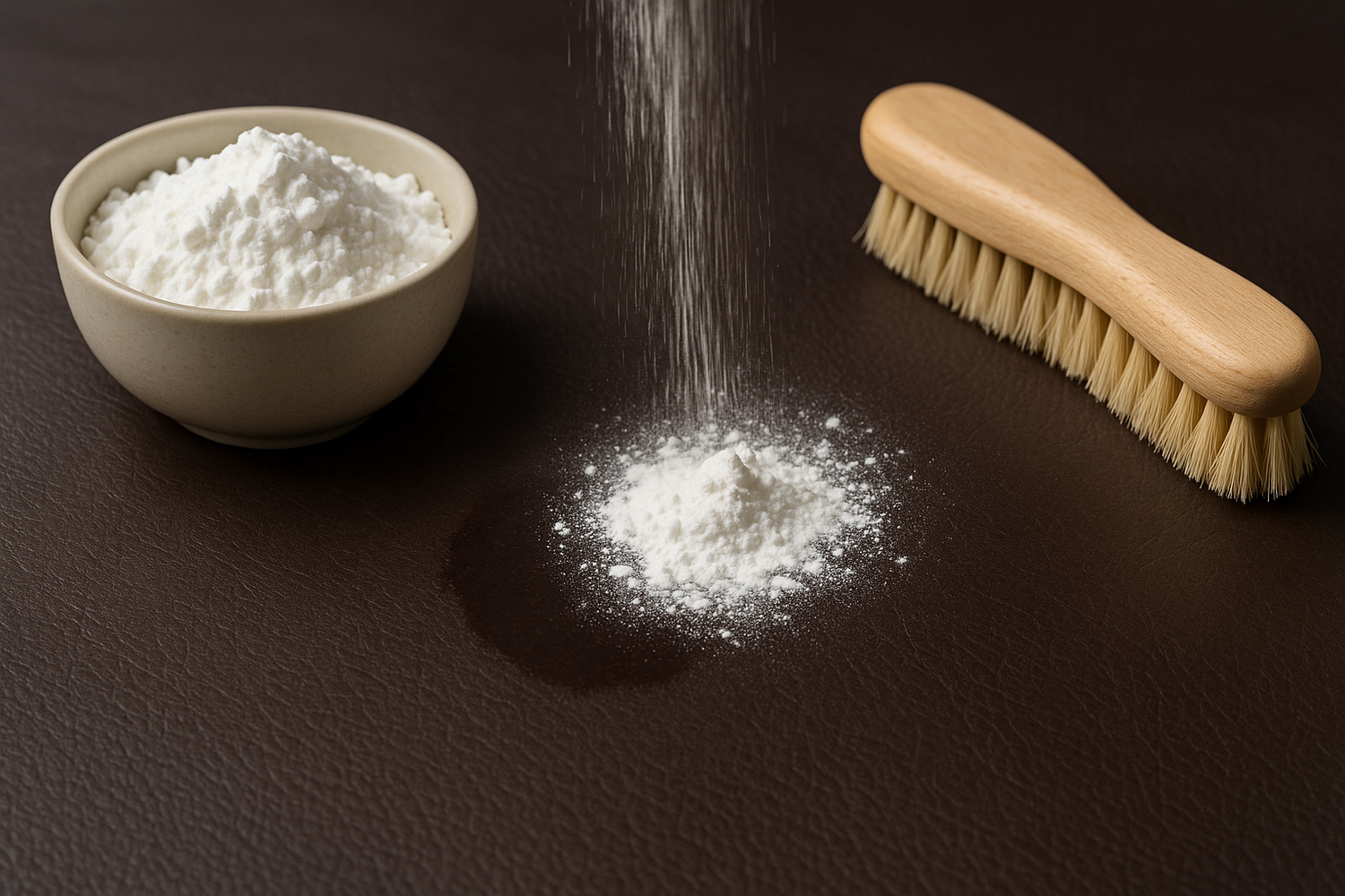 Close-up of cornstarch sprinkled on a dark leather jacket to absorb a fresh grease stain.