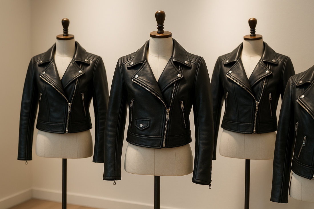 Petite woman wearing a cropped black leather biker jacket with high-waisted jeans . Side view of a petite model in a tan cropped biker jacket . Outfit flat lay featuring a cropped moto jacket, boots, and sunglasses for petite fashion.