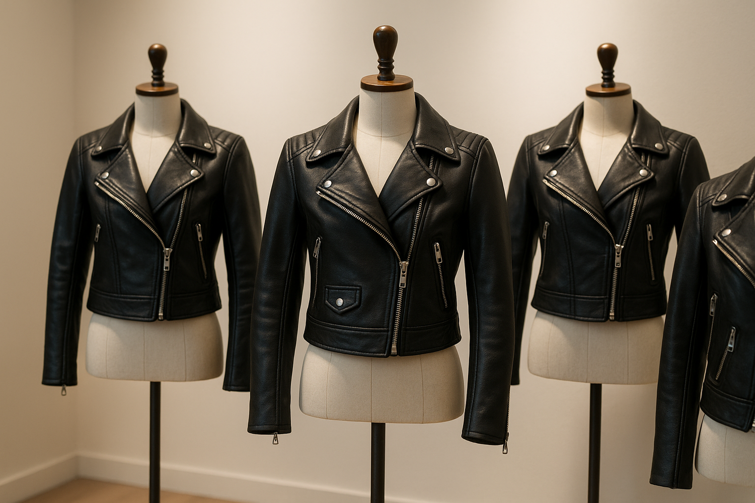 Petite woman wearing a cropped black leather biker jacket with high-waisted jeans . Side view of a petite model in a tan cropped biker jacket . Outfit flat lay featuring a cropped moto jacket, boots, and sunglasses for petite fashion.