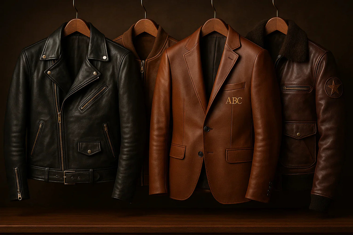 Customizable leather jacket with embroidered initials, metallic zippers, and unique detailing for personal style.