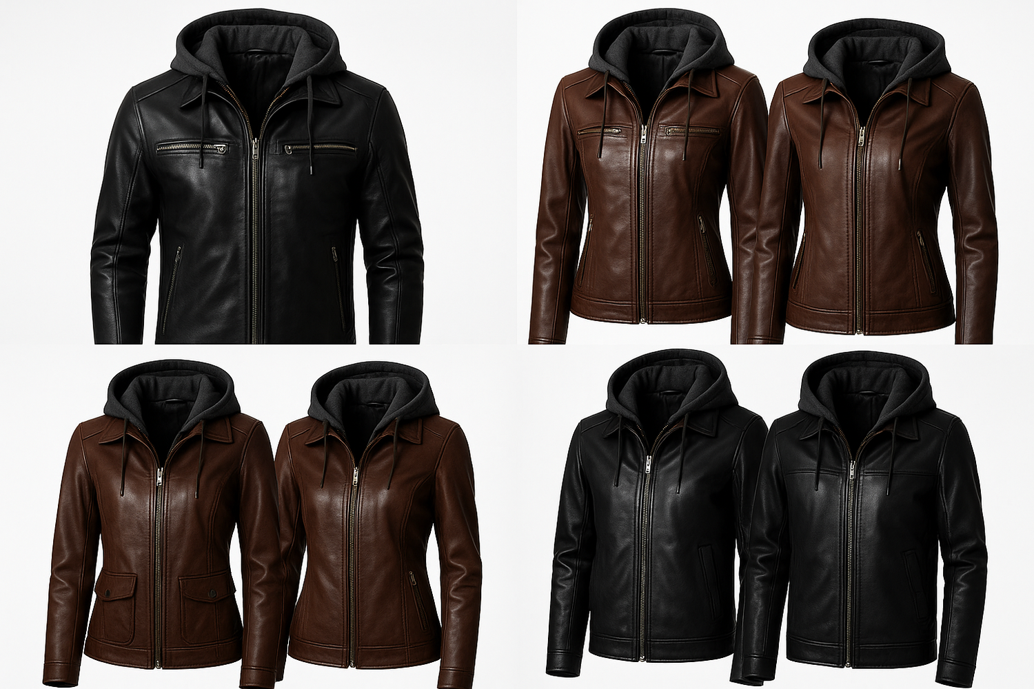 A stylish black leather jacket with a detachable hood displayed in both hooded and hood-free styles.