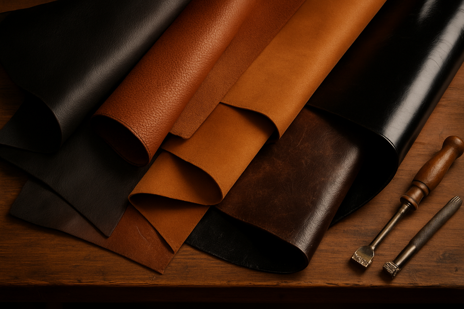 Different types of leather hides rolled out on a table, showcasing textures and finishes for crafting