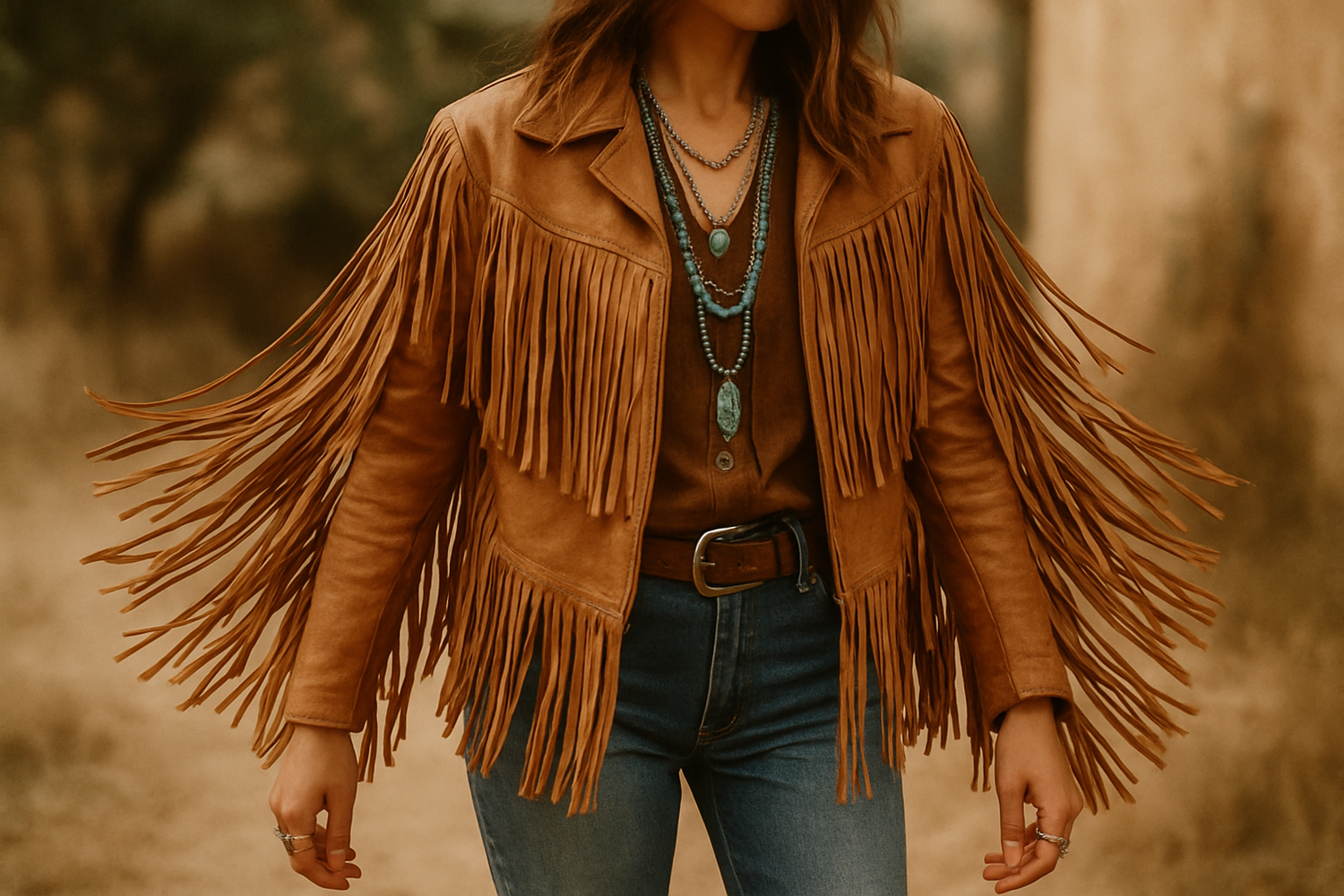 DIY leather jacket with hand-cut fringe details on sleeves and back, styled with retro bohemian flair.