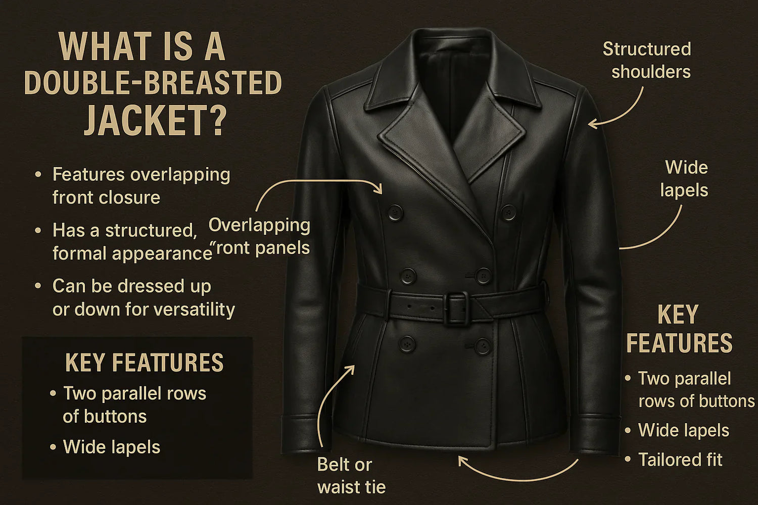 A stylish double-breasted leather jacket with two parallel rows of buttons, styled with jeans for a modern chic look.