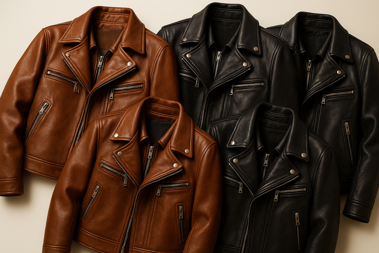 A black leather jacket with stylish buckle accents on the waist and collar, adding both function and bold design.