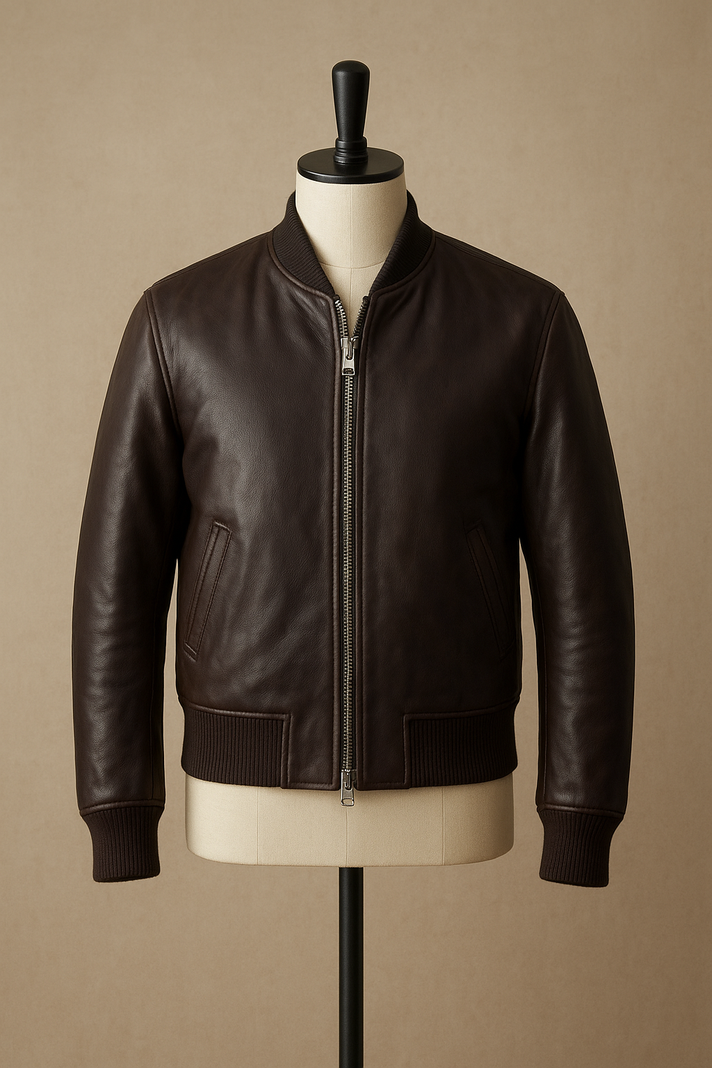 Handmade leather bomber jacket with ribbed cuffs, waistband, and zipper front on a mannequin.