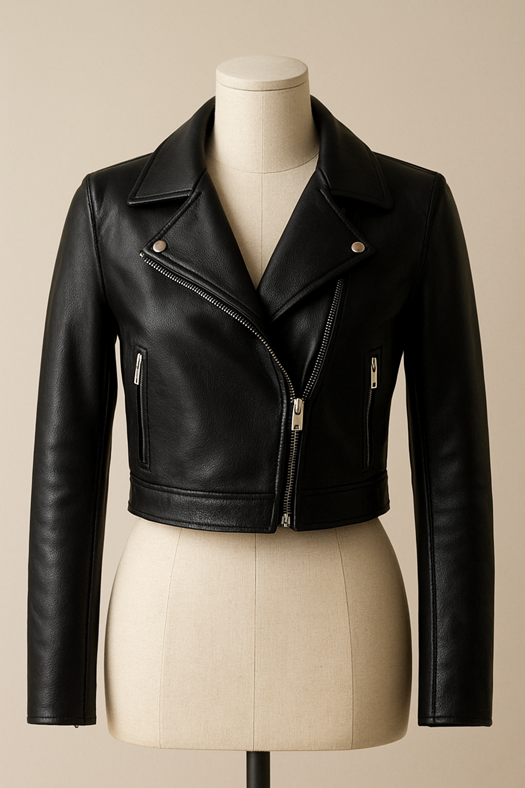 Handmade cropped leather jacket on a mannequin with zipper and tailored fit.