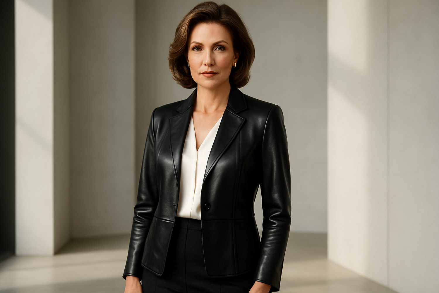 Elegant woman over 40 wearing a tailored leather jacket paired with classic trousers and a chic blouse