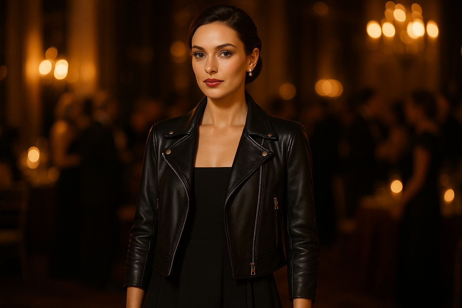 Elegant woman wearing a leather jacket over a formal dress at an evening event