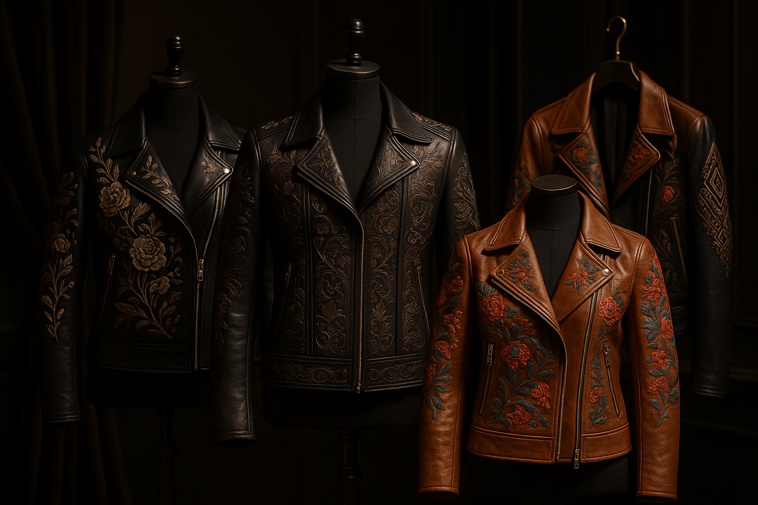 Black embroidered leather jacket with floral patterns styled for a chic streetwear look