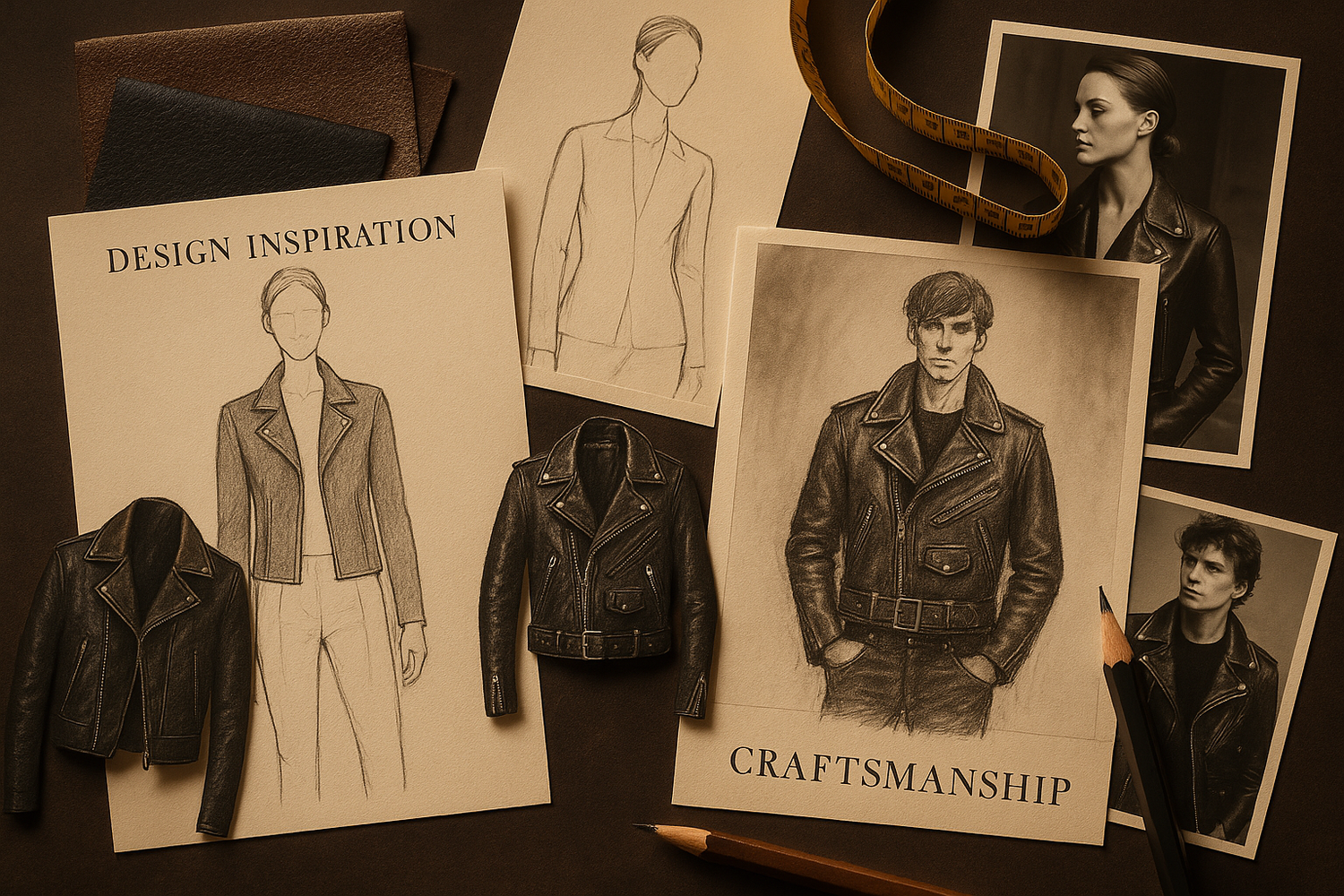 Showroom display of luxury leather jackets inspired by famous fashion designers.    