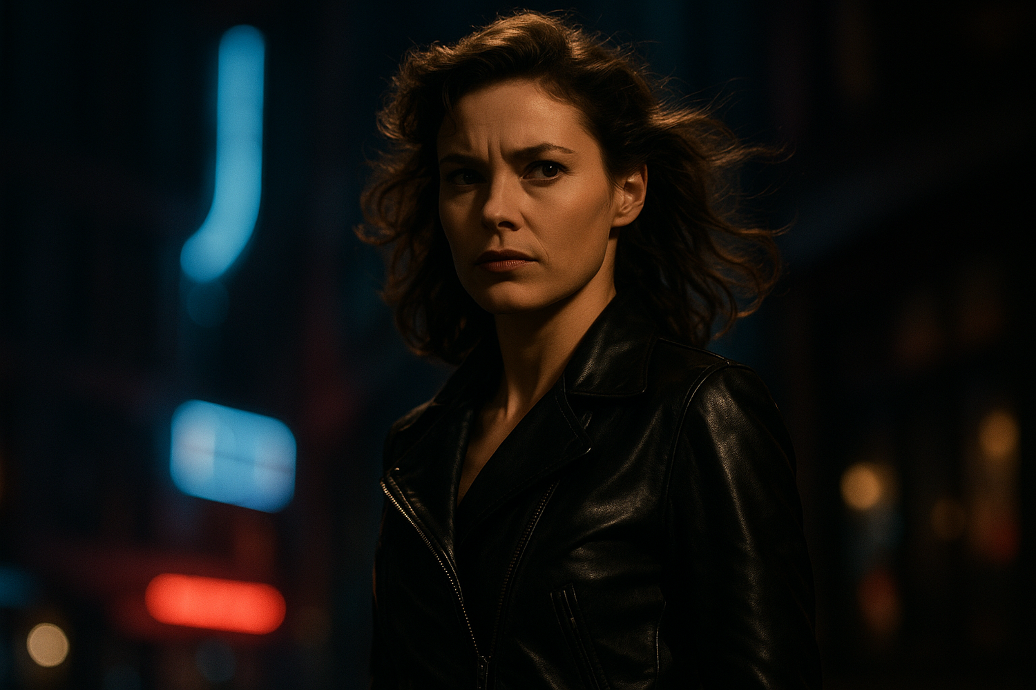 Famous movie heroine wearing a leather jacket in an iconic film scene