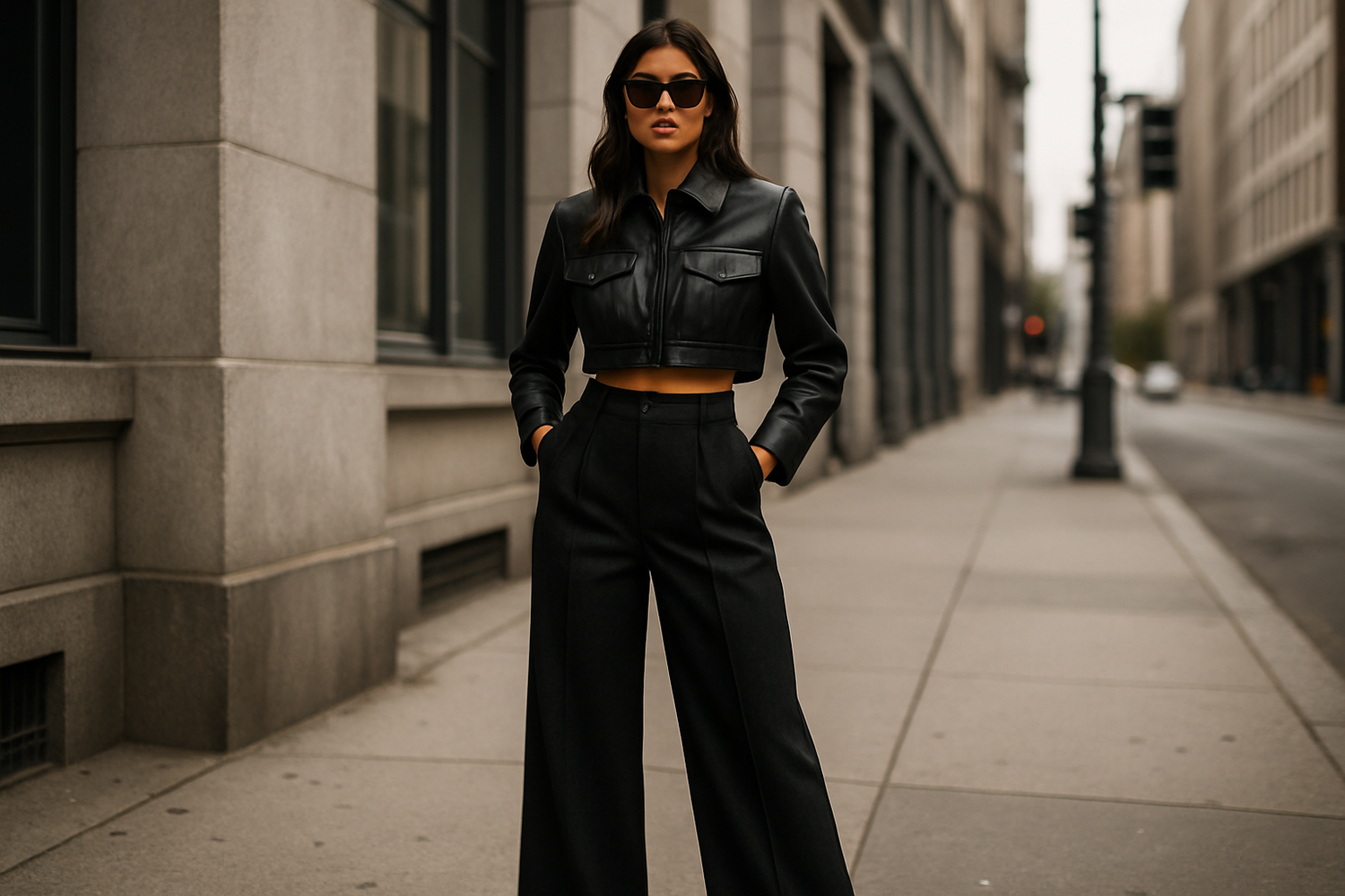 Fashionable woman wearing a cropped leather jacket with high-waisted wide-leg pants