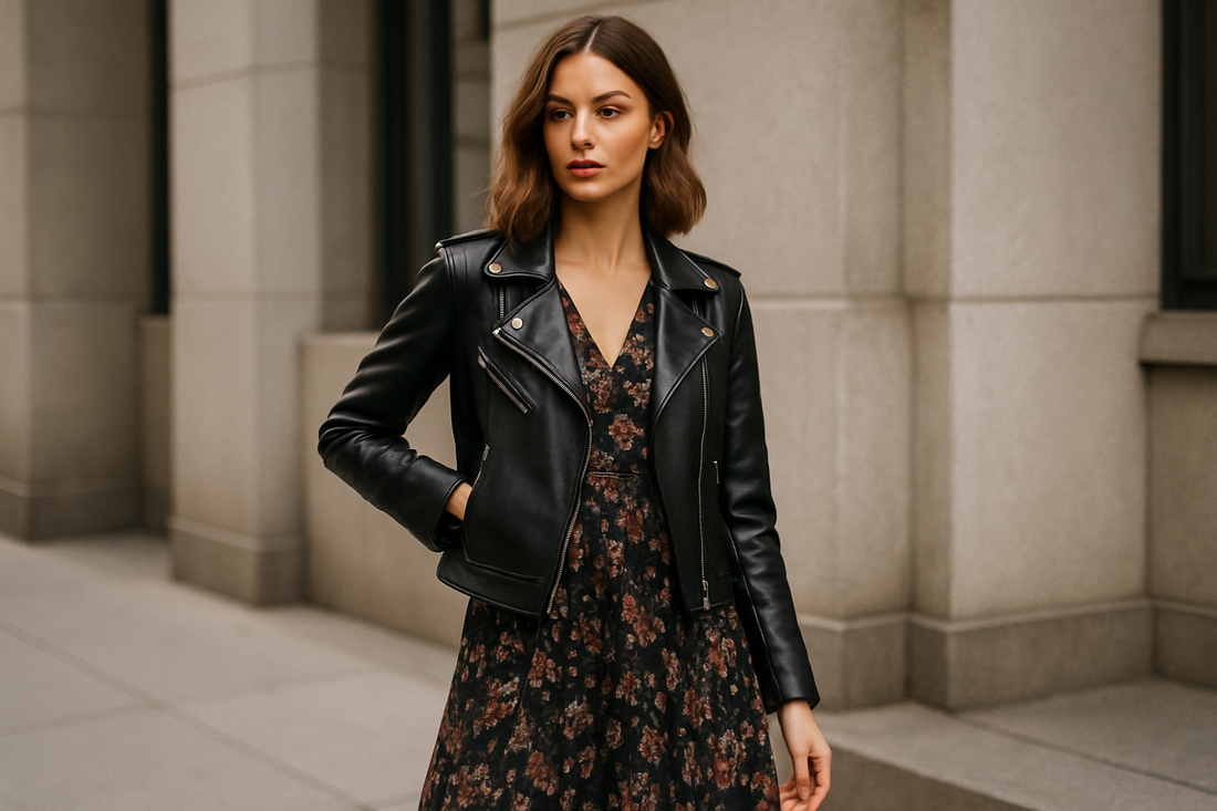 Fashionable woman wearing a leather jacket over a floral dress