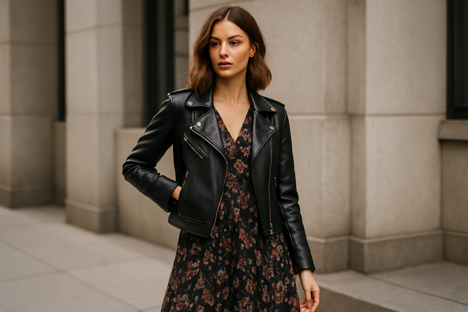 Fashionable woman wearing a leather jacket over a floral dress