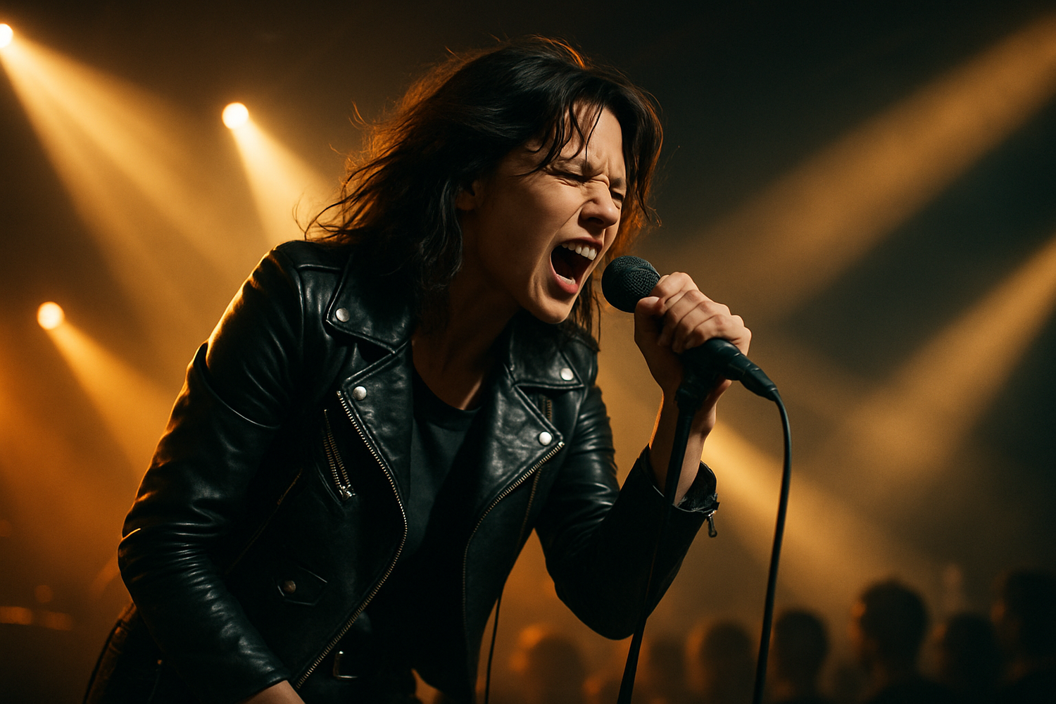 "Female musician performing on stage in a leather jacket"