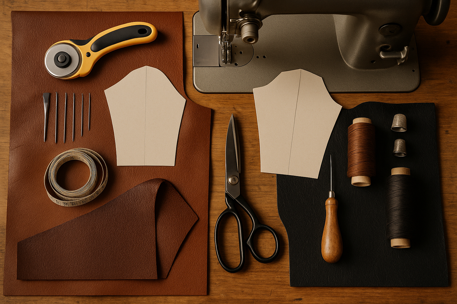 Flat lay of leather jacket making tools including rotary cutter, sewing machine, needles, and leather pieces on a worktable.