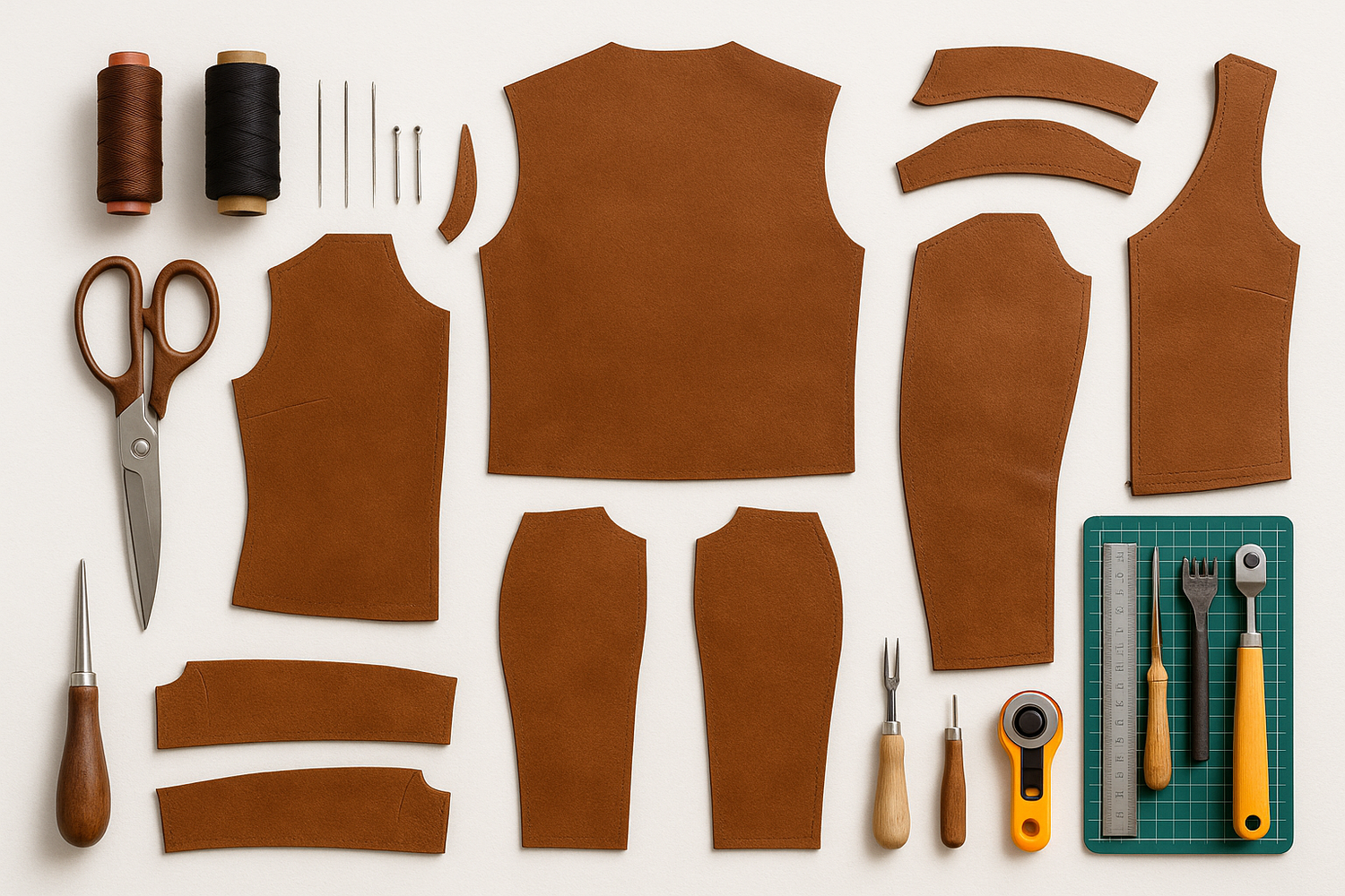 Flat lay of leather jacket pattern pieces with scissors, thread, and tools for beginners