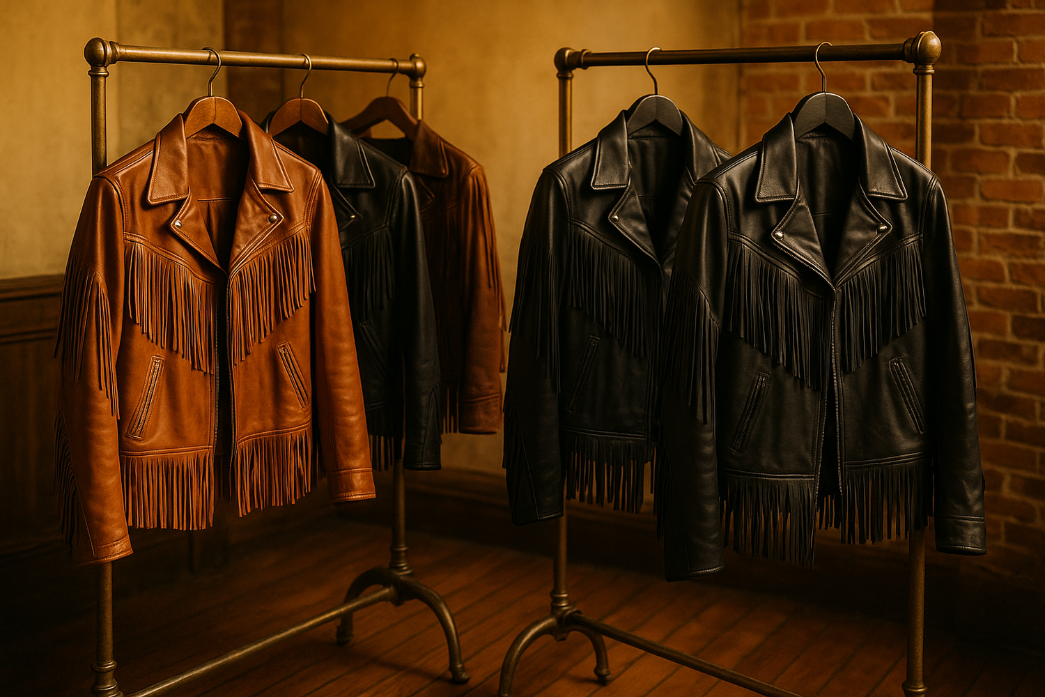 Stylish woman wearing a tan fringe leather jacket paired with jeans for a retro-inspired modern look