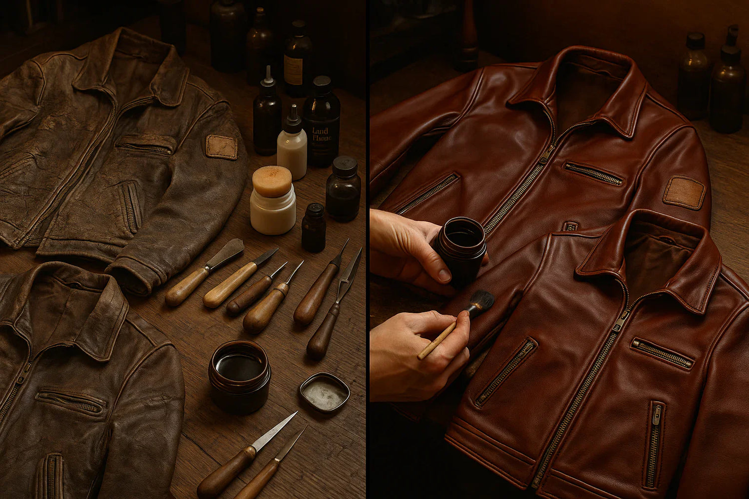 Before and after comparison of a vintage leather jacket fully restored with cleaning, conditioning, and dye.