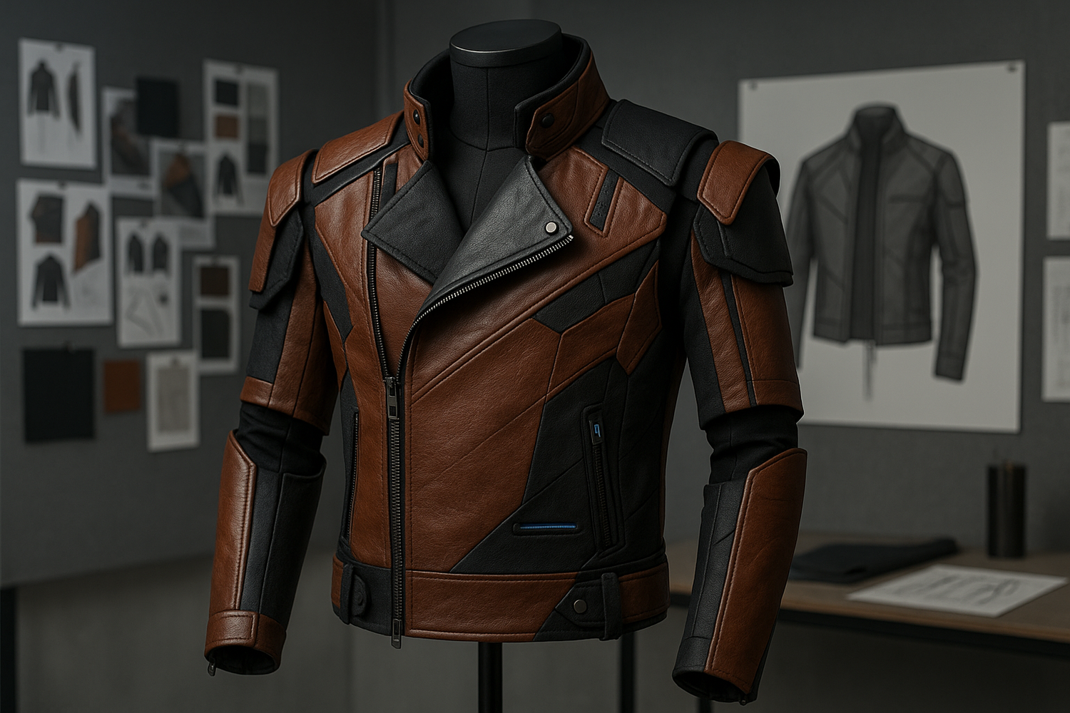 Close-up of a handmade leather jacket featuring modern stitching, sustainable materials, and futuristic design details.