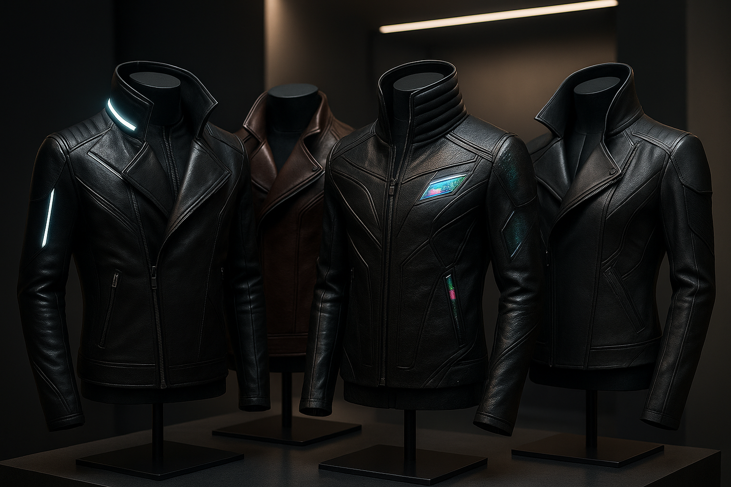 A futuristic leather jacket with metallic finish, geometric paneling, and modern sleek design.
