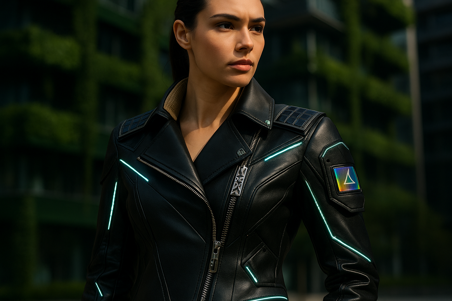 Futuristic women’s leather jacket design with modern sustainable elements