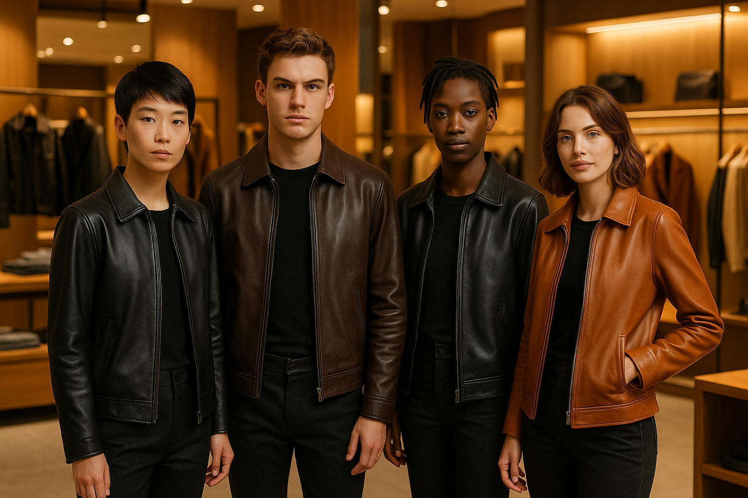 A gender-neutral leather jacket styled in a minimalist and versatile outfit for modern fashion.