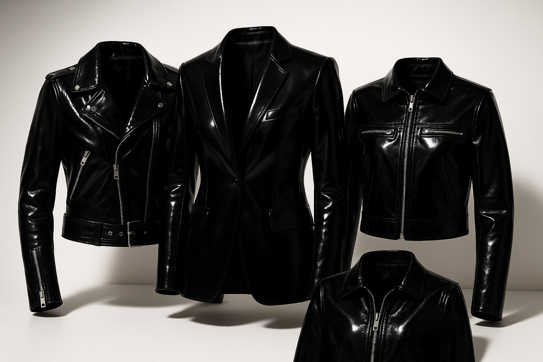 Close-up of glossy patent leather texture on a jacket. Man wearing black patent leather jacket with bold fashion look.