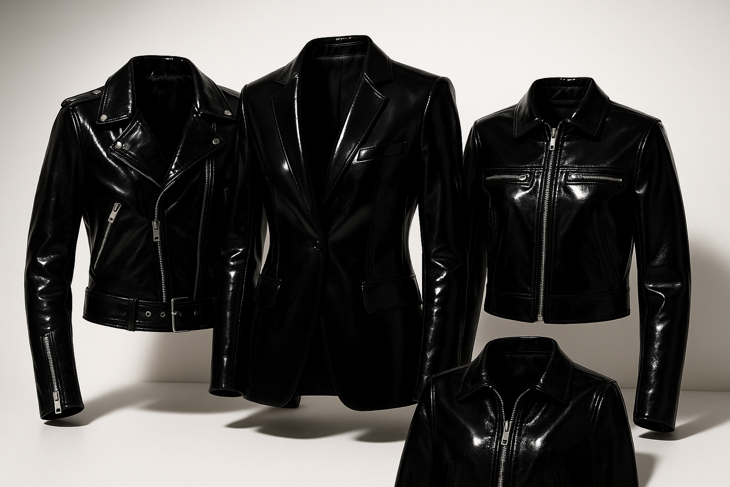 Close-up of glossy patent leather texture on a jacket. Man wearing black patent leather jacket with bold fashion look.