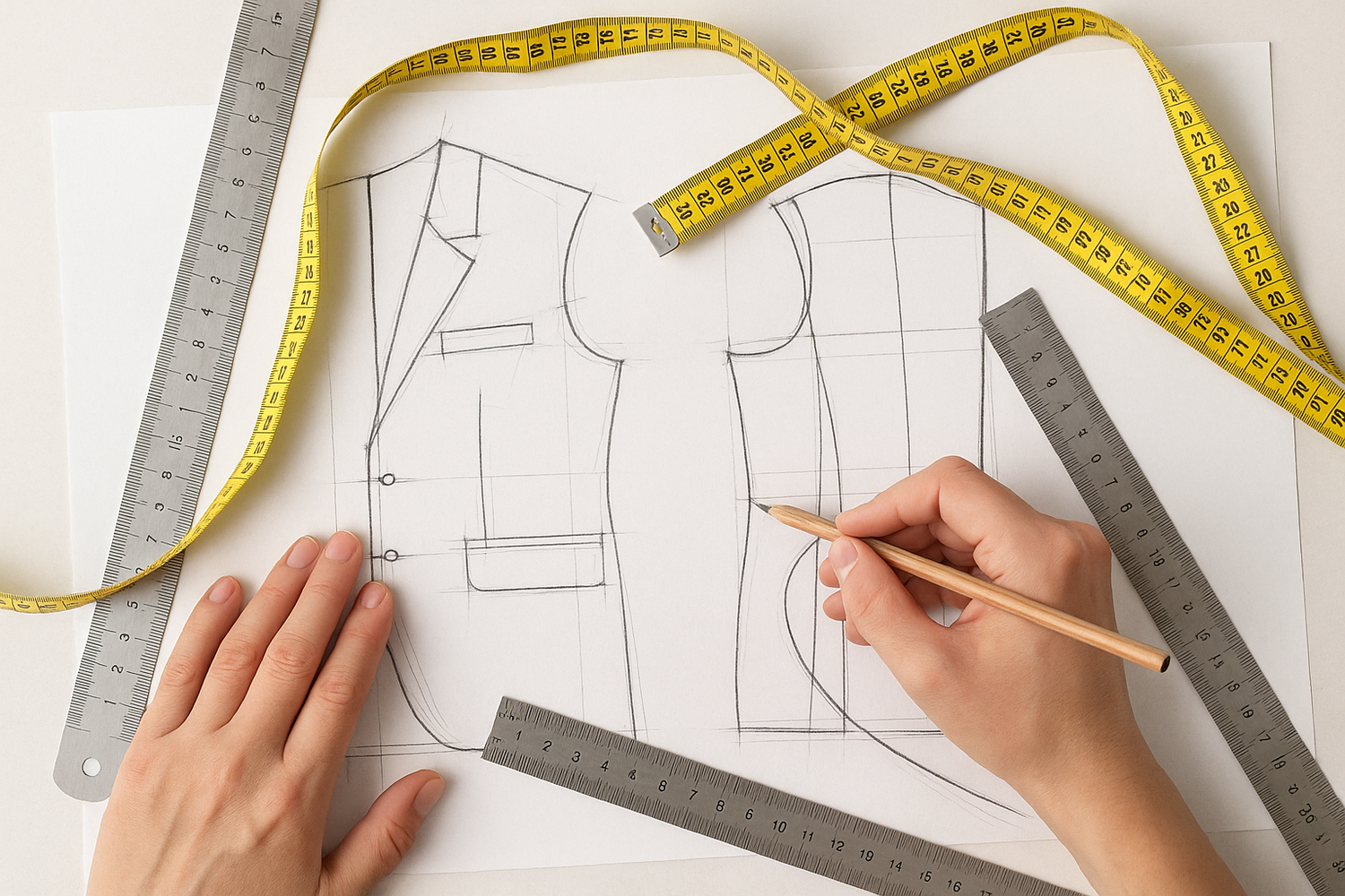 Hand drawing a jacket pattern on paper with measuring tape and rulers.